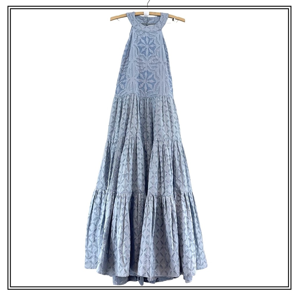 Joie Light Blue Halter Tiered Maxi Dress with Embroidered Motif NWT